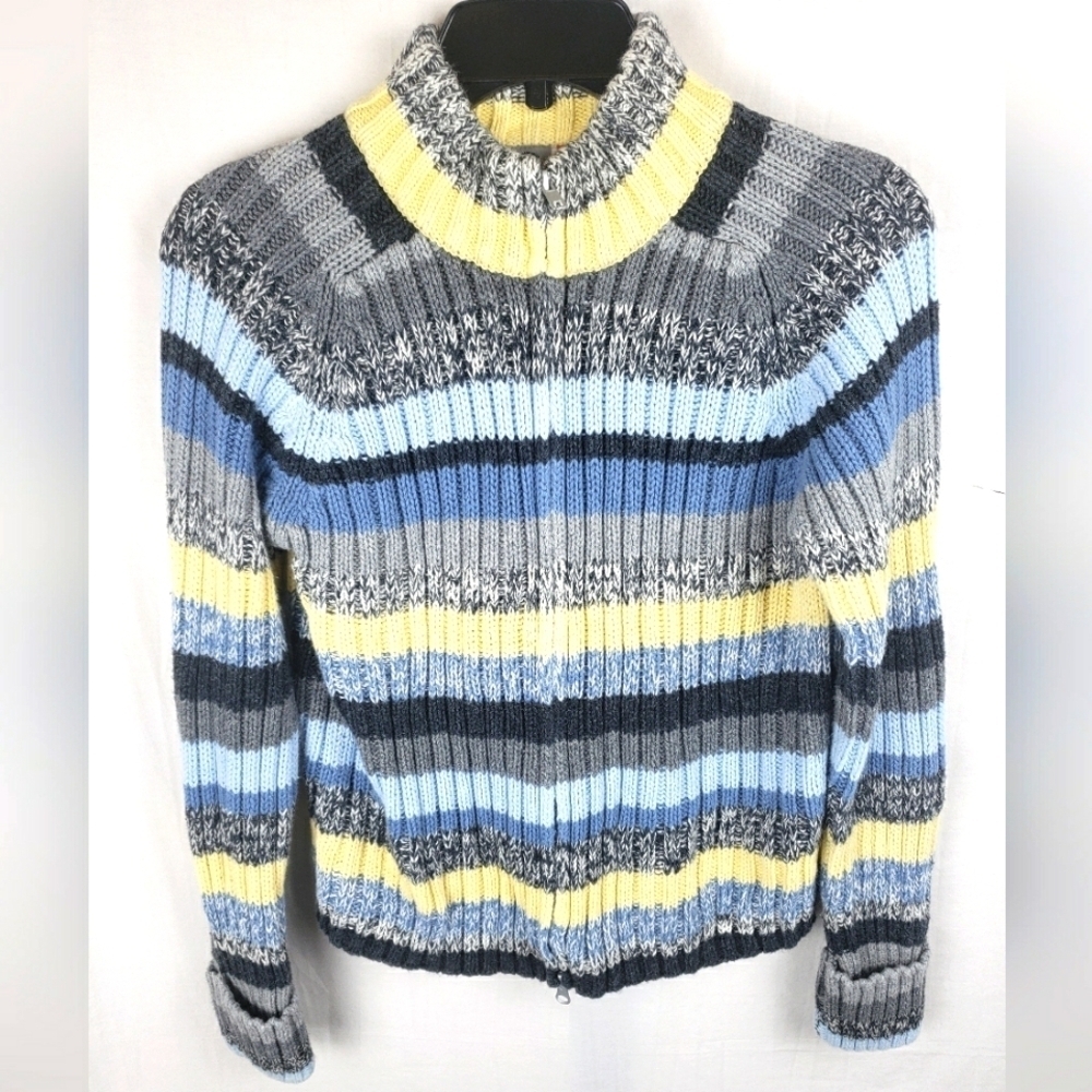 Arizona Jean Co Yellow Multicolored Long Sleeve Ribbed Full Zip Sweater Sz L